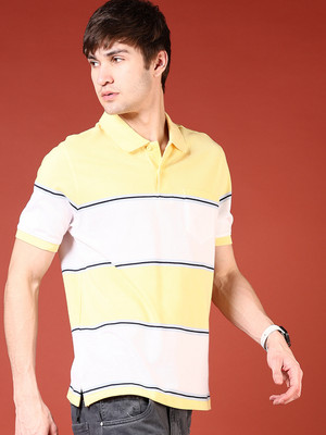 V-MART Striped Men Polo Neck Yellow T-Shirt