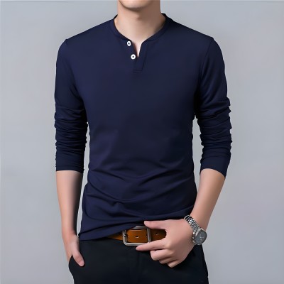 Jaqque Solid Men V Neck Navy Blue T-Shirt