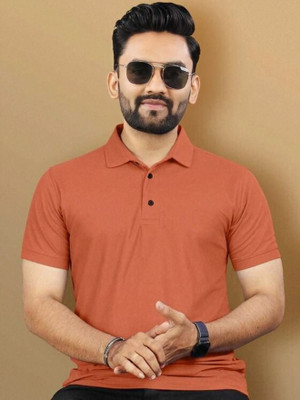 LumBit Solid Men Polo Neck Orange T-Shirt