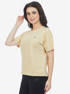 MAYSIXTY Solid Women Round Neck Beige T-Shirt