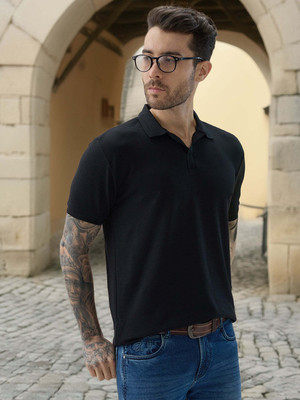 Status Quo Self Design Men Polo Neck Black T-Shirt