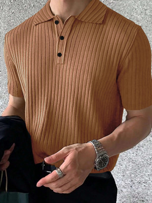 EyeBogler Self Design Men Zip Neck Brown T-Shirt