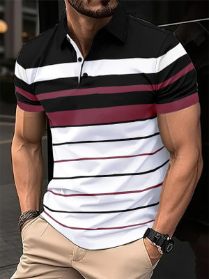 EyeBogler Self Design Men Zip Neck White, Black, Pink T-Shirt
