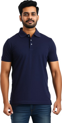 MOJILO Solid Men Polo Neck Dark Blue T-Shirt