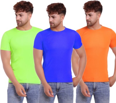 KASPY Solid Men Round Neck Blue, Orange, Light Green T-Shirt
