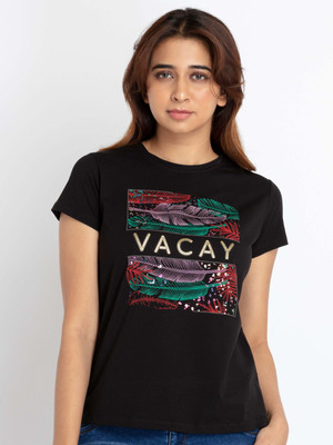 Status Quo Graphic Print, Typography Women Round Neck Black T-Shirt