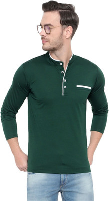 JB Jangoboy Solid Men Mandarin Collar Dark Green T-Shirt