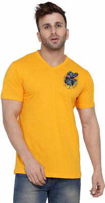 tfurnish Printed Men V Neck Yellow T-Shirt