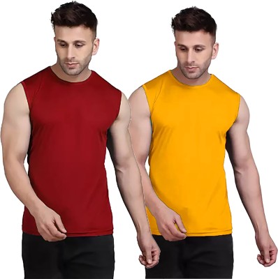 Think Tech Solid Men Round Neck Maroon, Yellow T-Shirt