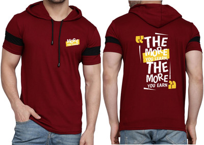 WOOSTRO Printed Men Hooded Neck Maroon T-Shirt