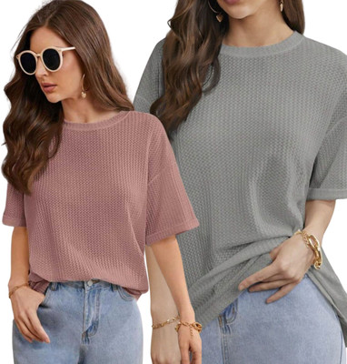 WAY TO TRENDY Solid Women Round Neck Silver T-Shirt