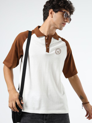 Q-CUT Colorblock Men Polo Neck White, Brown T-Shirt