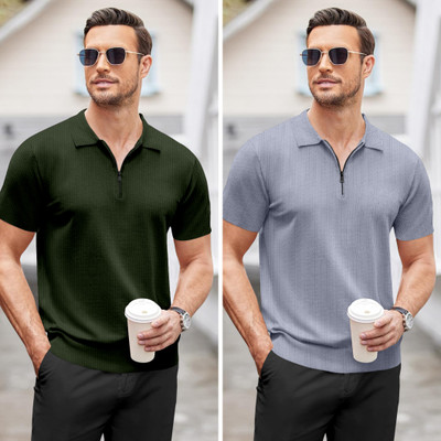 NTIFIC Solid Men Polo Neck Dark Green, Grey T-Shirt