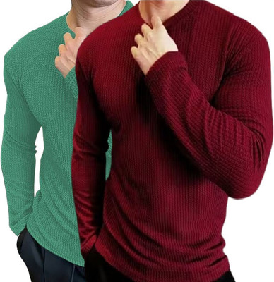 HELMONT Striped Men Round Neck Green, Maroon T-Shirt