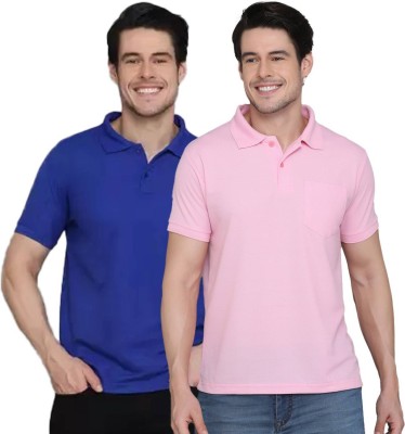 dilgona Solid Men Polo Neck Pink, Navy Blue T-Shirt