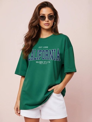 JUNEBERRY Printed, Typography Women Round Neck Dark Green T-Shirt
