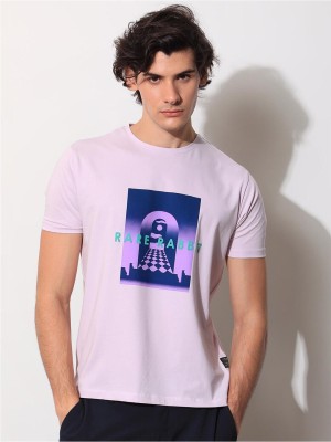 RARE RABBIT Printed, Typography Men Round Neck Purple T-Shirt