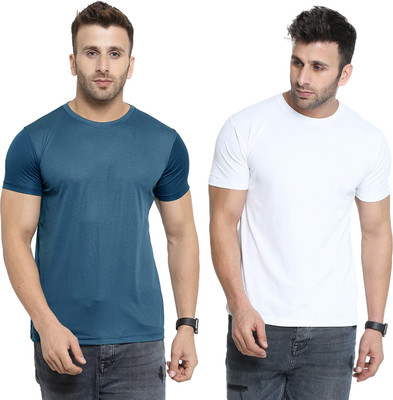Renowned Solid Men Round Neck Light Blue, White T-Shirt