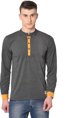 GLITO Solid Men Henley Neck Grey T-Shirt