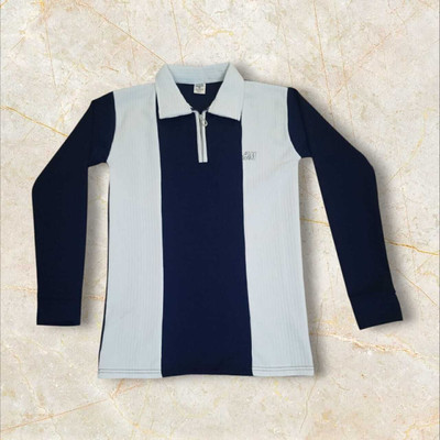 Anju Self Design Men Zip Neck Dark Blue, White T-Shirt