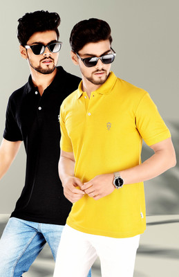 Jeiri Solid Men Polo Neck Yellow, Black T-Shirt