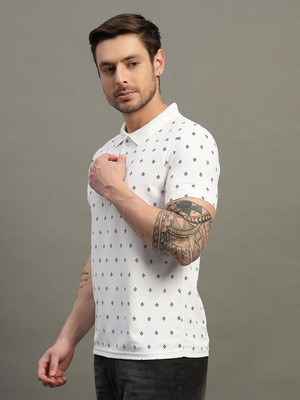 TIMBER HITCH Printed Men Polo Neck White T-Shirt