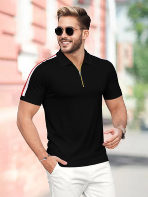 TRIPR Colorblock Men Zip Neck Black T-Shirt