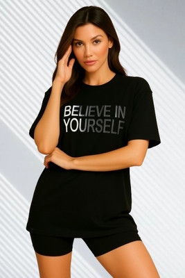parthcreation Typography Women Round Neck Black T-Shirt