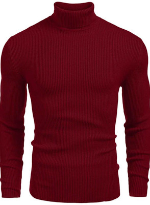CRYSTALREVENUE Striped Men High Neck Maroon T-Shirt