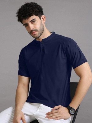 JENJEE Solid Men Mandarin Collar Dark Blue T-Shirt