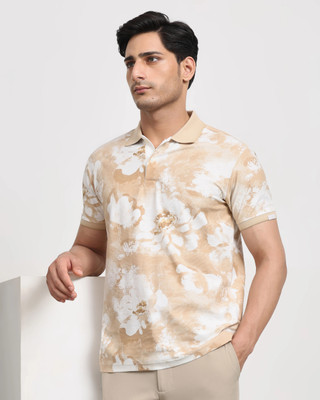 MUFTI Floral Print Men Polo Neck Beige T-Shirt
