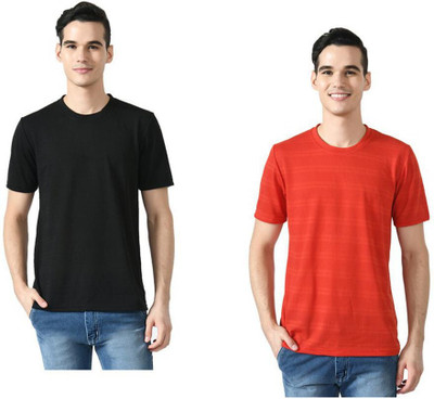 Kavvya Striped Men Round Neck Red, Black T-Shirt