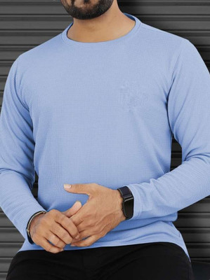 Mishitha Self Design Men Round Neck Light Blue T-Shirt