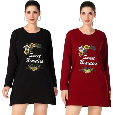 Trike Printed, Typography, Solid, Floral Print Women Round Neck Reversible Black, Maroon T-Shirt