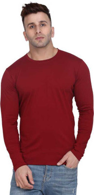 INDIZO Solid Men Round Neck Maroon T-Shirt