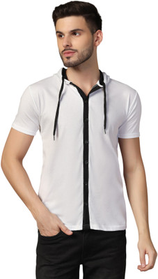 GEUM Solid Men Hooded Neck White T-Shirt