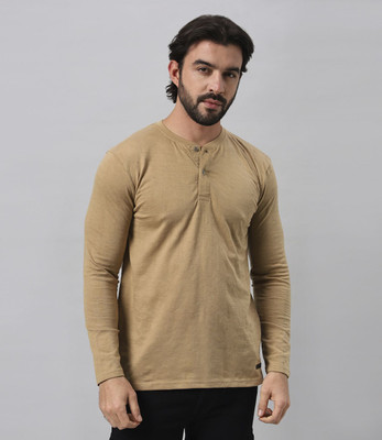 BE POSITIVE Solid Men Mandarin Collar Beige T-Shirt