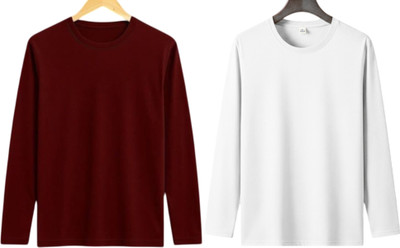 lalita creation Solid Men Round Neck Maroon, White T-Shirt