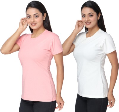 Irkuf Solid Women Round Neck White, Pink T-Shirt