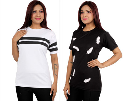 Oishee Printed Women Round Neck White, Black T-Shirt