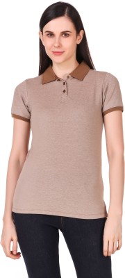 Frenchtrendz Self Design Women Polo Neck Brown T-Shirt