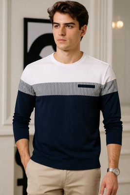 Autna Colorblock Men Round Neck Navy Blue T-Shirt