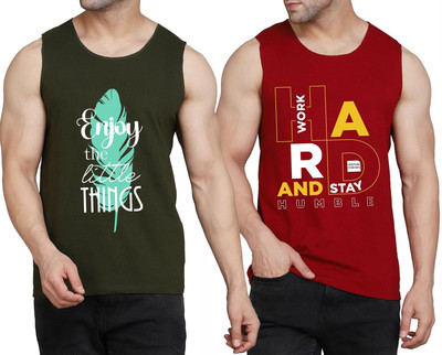 WOOSTRO Printed Men Scoop Neck Dark Green, Maroon T-Shirt