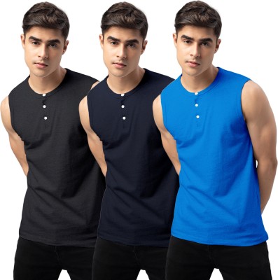FTX Solid Men Round Neck Black, Navy Blue, Light Blue T-Shirt