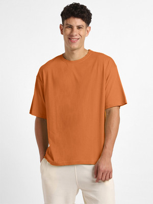 NOBERO Solid Men Crew Neck Orange T-Shirt
