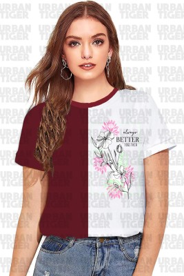 Urban Tiger Printed Women Round Neck Maroon T-Shirt