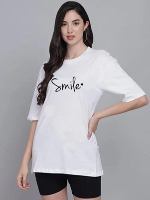 etsun Printed Women Round Neck White T-Shirt