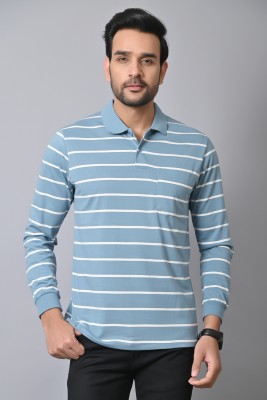 Arbour Striped Men Polo Neck Light Blue T-Shirt