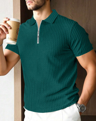 AUSK Self Design Men Polo Neck Green T-Shirt