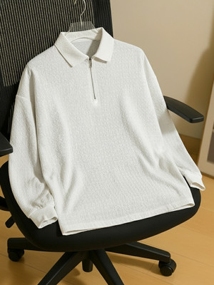 Jump Cuts Self Design Men Polo Neck White T-Shirt